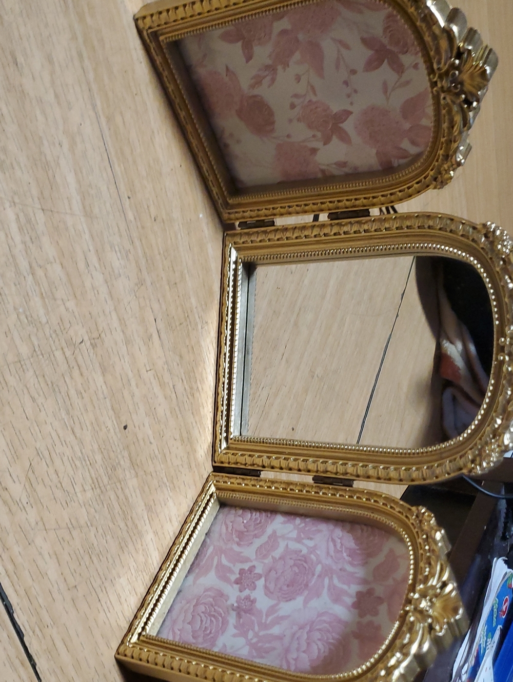 Gold Tri-Fold Decorative Vanity Mirror with Picture Slots